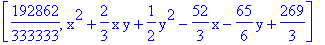 [192862/333333, x^2+2/3*x*y+1/2*y^2-52/3*x-65/6*y+269/3]